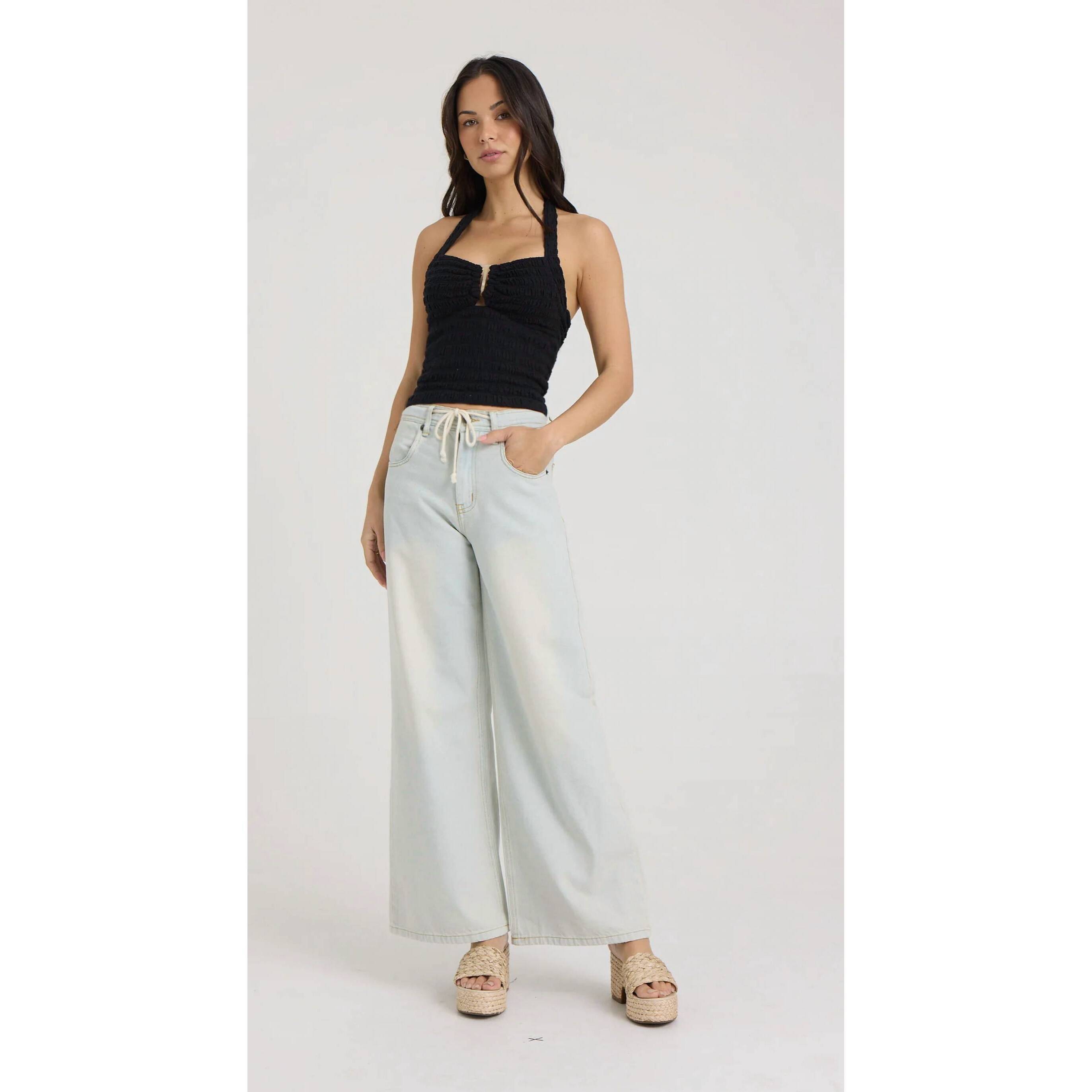 New Vintage Havana Smocked Linen Halter Crop Top In Black